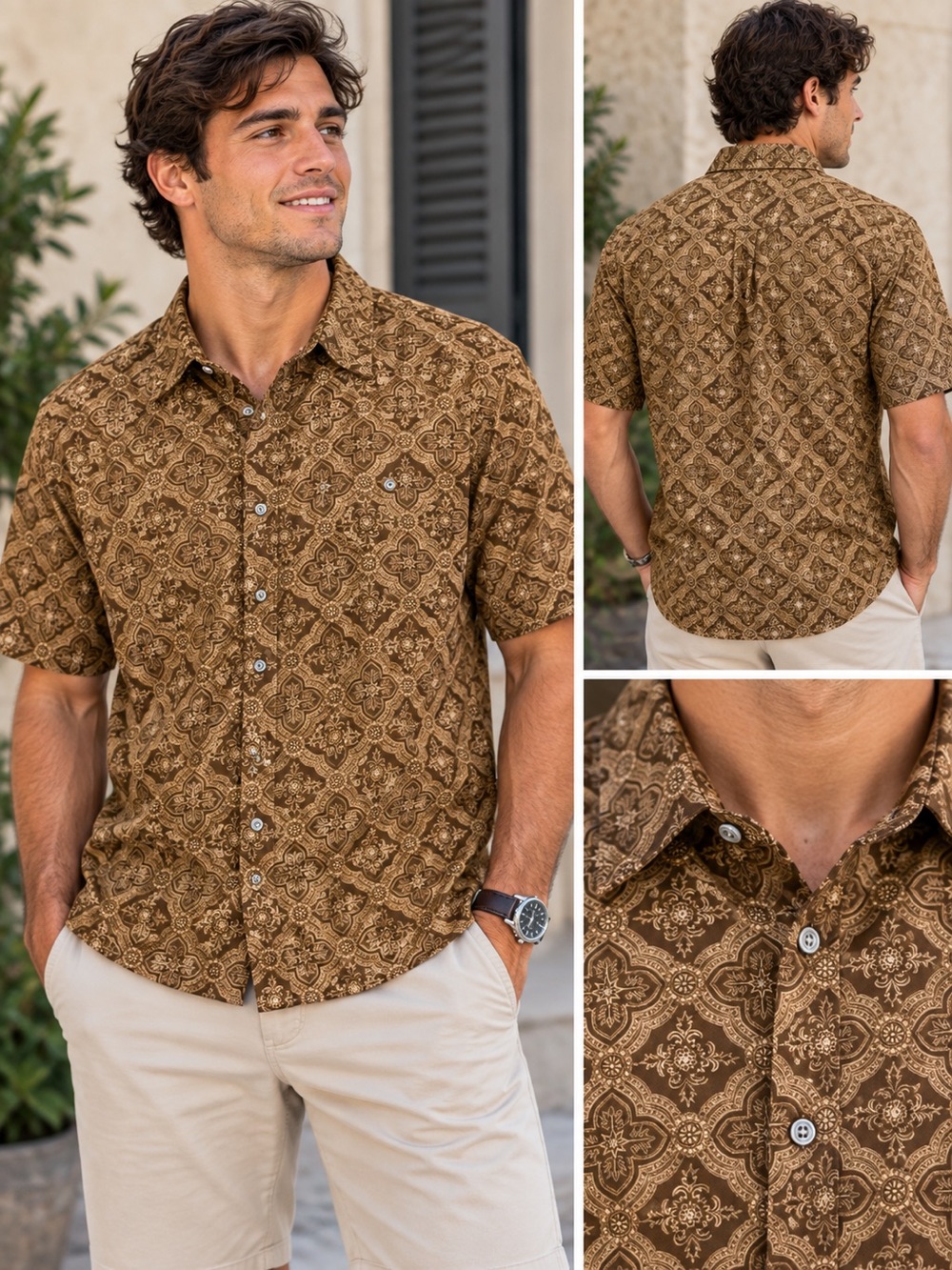 ROWM Mens Brown Print Short Sleeve Button Down Fall large Shirt NWT
